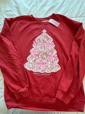 Simply Southern Red Crewneck with Pink & White Lace Tree with Bows. Size M-L